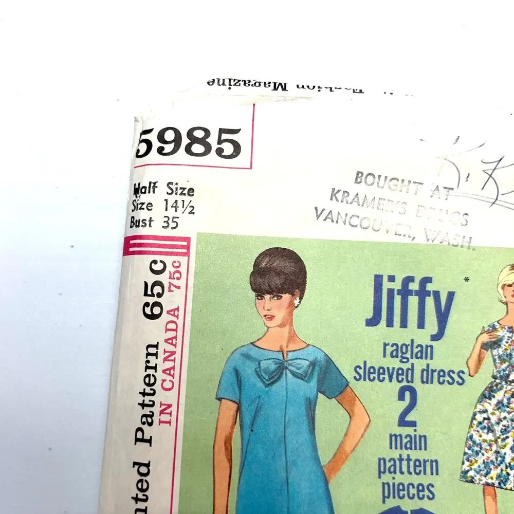 Simplicity‎ Vintage 1965 Pattern #5985 Jiffy Raglan Sleeved Dress Size 14.5